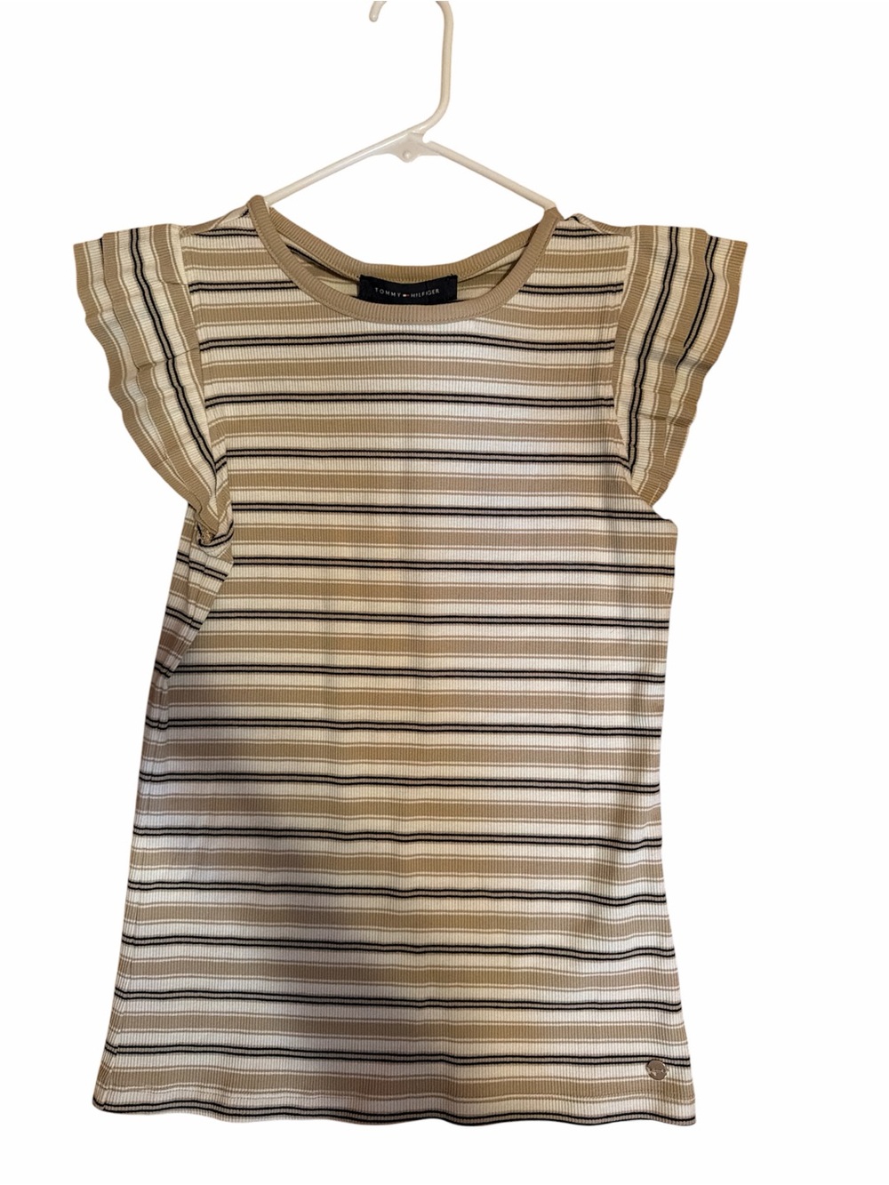 Tommy Hilfiger Striped Ribbed Short Sleeve Top - Cream, Beige & Black